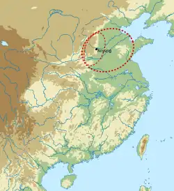 Relief map of eastern China marking the area around Anyang and a larger area including this and extending into Shandong