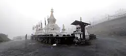 Wide-angle view of the Chorten at Lawa La Pass in Central Bhutan, c. March 2023