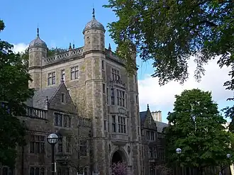 University of Michigan Law School: Lawyers Club (1924) by York and Sawyer — Quadrangle (1933) by Gunnar Birkerts — Library addition (1982) by Quinn Evans[75]