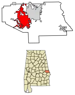 Location of Auburn in Lee County, Alabama.