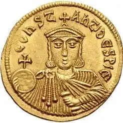 On the reverse of this solidus of Leo V the Armenian, the Emperor's son Constantine wears a ceremonial chlamys, 813–820