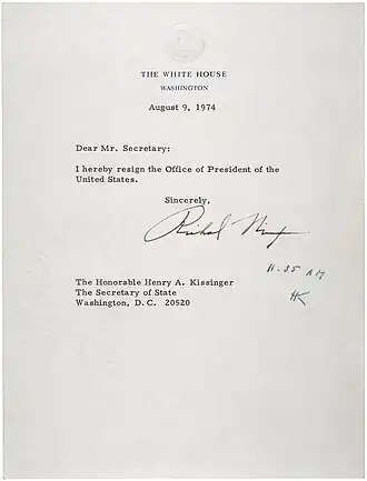 Letter of Resignation of Richard M. Nixon, 1974