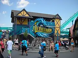 View of a two-storey rider entrance for the Leviathan roller coaster