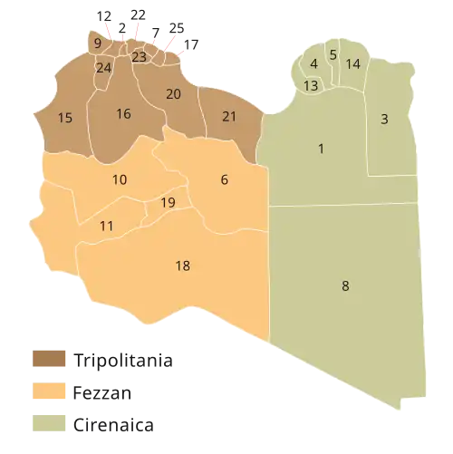 Map showing historical regions and districts of Libya