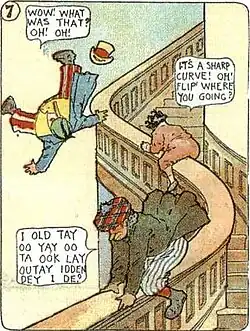 Comic frame. Three characters slide down a fantastic stair. One of them says "I OLD TAY OO YAY OO TA OOK LAY OUTAY IDDEN DEY I DE?".