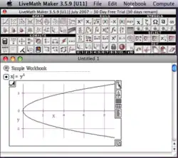 LiveMath screen snap showing the (busy) palette and a simple worksheet with a graph of x=y^2