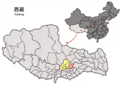 Location of Maizhokunggar County (red) within Lhasa City (yellow) and Tibet Autonomous Region