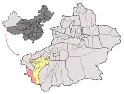 Tashkurgan County (red) in Kashgar Prefecture (yellow) and Xinjiang