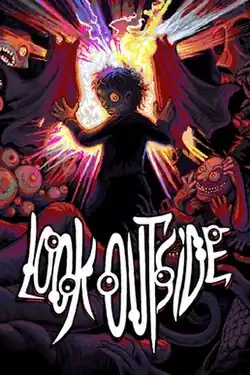 The game cover art, depicting a man standing in front of an open window, hands on the curtains, looking back at monsters surrounding him. Blinding light flows through the window, the monsters looking towards it.