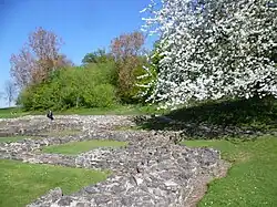 Looking past the high altar of Lesnes Abbey to Lesnes Abbey Woods