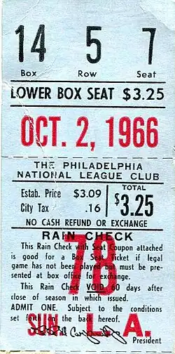 "A ticket from an October 1966 game between the Los Angeles Dodgers and the Philadelphia Phillies at Shibe Park."