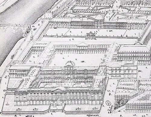 Percier and Fontaine's perspective of the proposed Louvre viewed from the east (c. 1809). Inspiration for the later Visconti work.