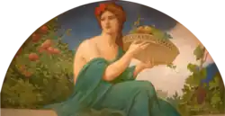 Woman portrayed as goddess/deity holding tray of fruit. To her left is a tree with apples. To her right are vines with grapes.