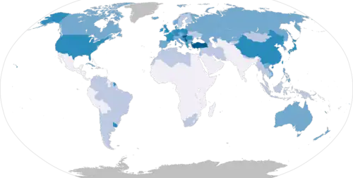 World map with countries in one of five colors