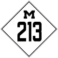 A road sign bearing a diamond enclosing a block M and the number 213