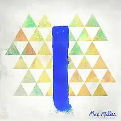 A white paper with many gold and lime triangles in rows, with a large vertical blue stroke in front of everything, appearing to be painted. The words "Mac Miller" are written in the bottom right.