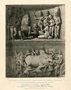 "Mahadeo and Parvati, playing at the game of Chosur, and the sacred Bull attended by Gana"