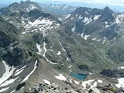 View from Malgina Devil's Lace of Malgina Lake (bottom) and Gelt Lake (top)