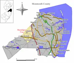 Location of Manalapan Township in Monmouth County highlighted in yellow (right). Inset map: Location of Monmouth County in New Jersey highlighted in black (left).