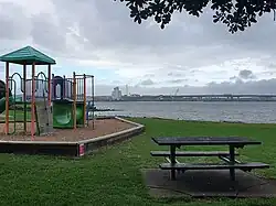 Mangere Boating Club playground, with Ngā Hau Māngere Bridge in the background