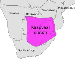 This map shows the outlines of the southern African nations of Namibia, Botswana, Zimbabwe and South Africa. Kaapvaal's outline is superimposed on the countries.