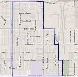 Lake Balboa neighborhood as mapped by the Los Angeles Times. Van Nuys Airport is on the right.