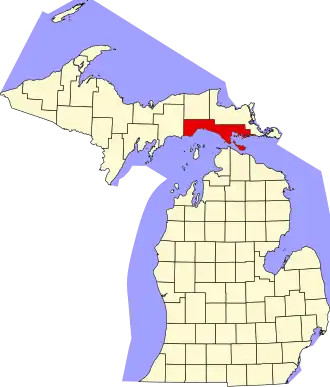 Map of Michigan highlighting Mackinac County