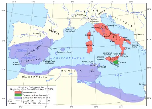 a map of the western Mediterranean region showing the territory controlled by Rome and Carthage in 218 BC