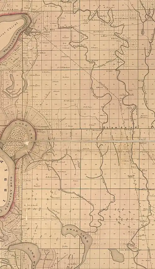 A map of the Greenville/Deer Creek area. Greenville is in the upper left corner of the map, on a bend of the Mississippi River. Black Bayou runs generally north-south down the center of the map, east of Greenville. Fish Lake is a wider portion of Black Bayou on an east-west portion of the bayou almost directly due east of Greenville. East of Black Bayou and to the right side of the map, Deer Creek runs roughly north-south. The French plantation is along Deer Creek at the very top of the map; the Thomas and Willis plantations are along Deer Creek at the south of the map.