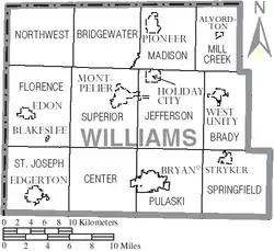 The northern tier of townships in Williams County are within the Toledo Strip. The southern boundary of each lies along the Ordinance Line.[55]