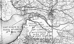 as marked by the crew—Wilmer Stultz (pilot), Amelia Earhart (commander), and Louis Gordon (mechanic and co-pilot)—from top to bottom.It is believed that the actual touchdown point lies near the centre of Stultz's signature, as Friendship arrived in the Burry Estuary at low tide. At that time, the only navigable water would have been the channel of the Loughor River, shown on the map beneath Stultz's name. The landing spot co-ordinates are roughly 51°40′34.9″N 4°13′03.0″W. The map was signed while the crew rested at the Fricker's metal works offices in Burry Port.