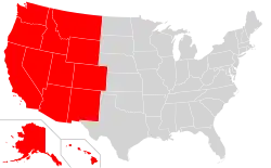 This map reflects the Western United States as defined by the Census Bureau. This region is divided into Mountain and Pacific areas.[1]