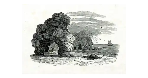 A wood engraving of Marsden Rock by Thomas Bewick, created in 1798 and published in A History of British Birds (1804).