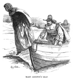 An engraving of a woman stepping onto a rock from a ship's boat