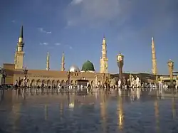 Muhammad's Mosque in Medina, his place-of-residence after the Hijrah (Migration) from Mecca. Muhammad is buried underneath the Green Dome.