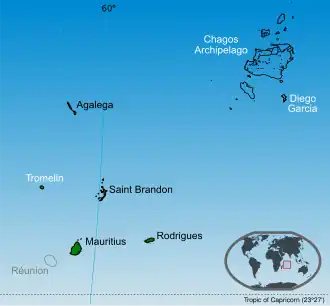 * Islands of Mauritius labelled in black. * Tromelin Island (part of the French Southern and Antarctic Lands, claimed by Mauritius). * The Chagos Archipelago (the British Indian Ocean Territory) are set to be transferred to Mauritius in 2025.[2]