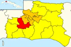 San Antonio de las Vegas (red) in San José de las Lajas (orange) in Mayabeque (yellow)