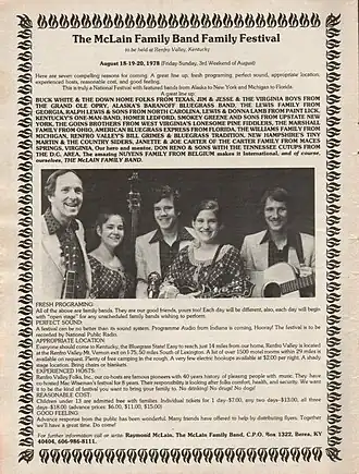 Scan of a monochromatic paper flyer promoting the inaugural McLain Family Band Festival; two-thirds of the flyer is informational text, and a contemporary band photo is in the center