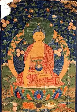 The Bhaisajyaguru, or "Medicine Master of Lapis Lazuli Light", is the Buddha of healing and medicine in Mahayana Buddhism. He traditionally holds a lapis lazuli jar of medicine.
