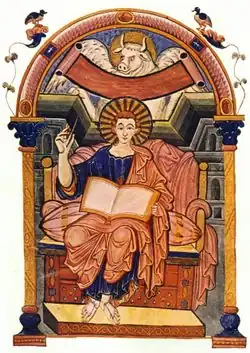 The Ada Gospels are one of a group of manuscripts, known to modern scholars as the Ada School. Its illuminations include an elaborate initial page for the Gospel of Matthew and portraits of Matthew, Mark and Luke. Late 8th century.