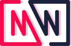 A pink M and a dark blue W with extended arms that form a box around the logo