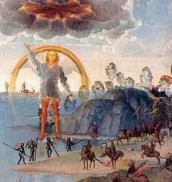 Detail right panel, a giant angel rises from the sea and on land armored angels battle mounted locusts
