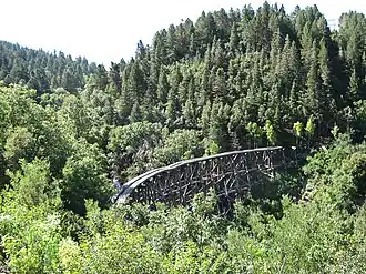 A broken trackless trestle rises up and over the green treetops of a small mountain canyon.