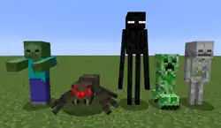Standing on a flat grassy plain against a blue sky, there is a green zombie wearing a blue shirt and purple pants; a large spider with red eyes; a tall, black, slender creature with purple eyes; a green, four-legged creature; and a skeleton.