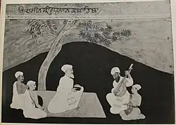 Miniature painting of Guru Nanak listening to musicians, circa 1680. One of the earliest extant or discovered painting of the first Sikh guru.