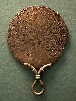 An Iron Age bronze mirror with Celtic decoration from 120 to 80 BCE. Found in St Keverne, England