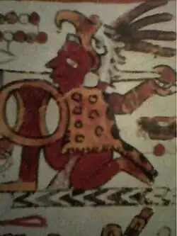 A Mixtec warrior wearing a jaguar skin and a helmet in the shape of a bald eagle's head. Codex Selden, p. 17.