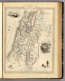 Map of Palestine in 1851, showing the Kaza subdivisions. At the time, the region shown was split between the Sidon Eyalet and the Damascus Eyalet