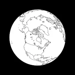 Figure 10: View of the Earth from the apogee of a Molniya orbit under the assumption that the longitude of the apogee is 90° W. The spacecraft is at an altitude of 39,867 km over the point 90° W 63.43° N.