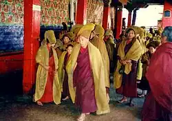 Monks hurrying to services, Tashi Lhunpo, 1993